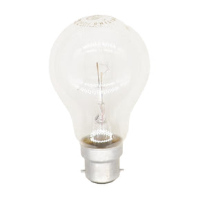 Philips GLS B22 230V 25W warm white incandescent light bulb showing clear glass, visible filament and bayonet base on white background