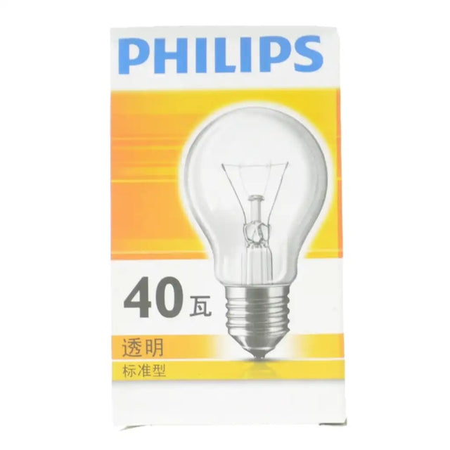 Philips light bulb packaging with a clear bulb illustration on a yellow and white background