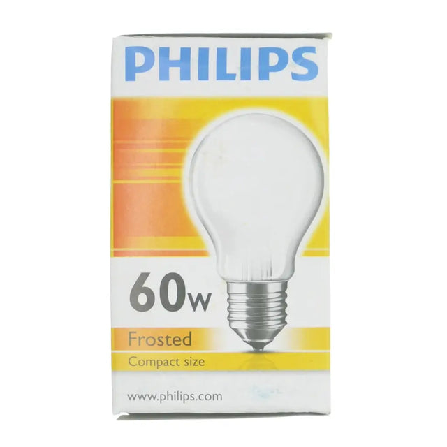 Philips 60w frosted light bulb packaging on a white background