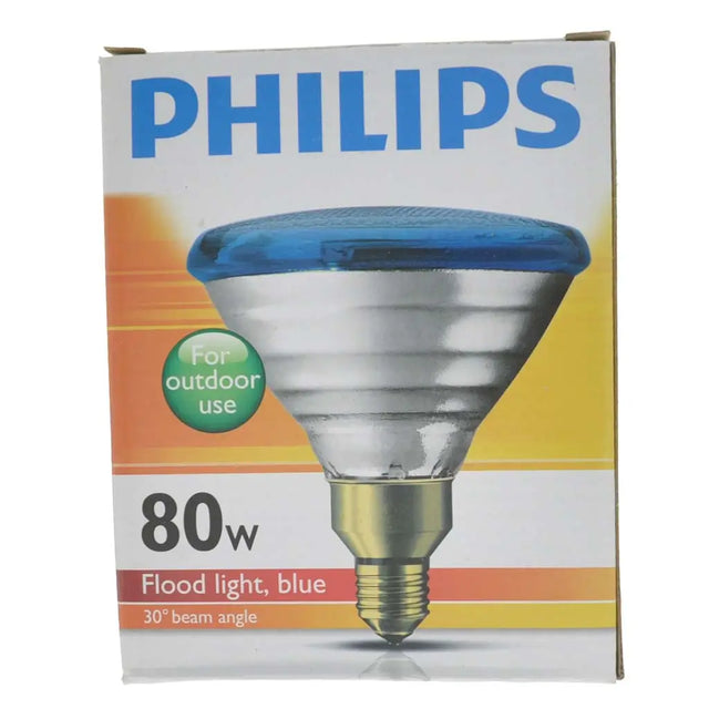 Philips flood light blue bulb packaging on a white background