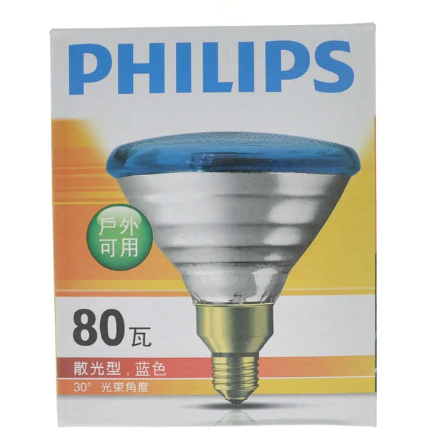 Philips light bulb packaging with blue light bulb on a colorful background