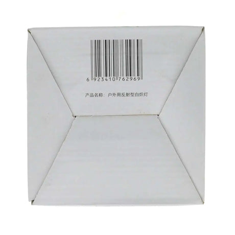 White rectangular box with a barcode on a white background