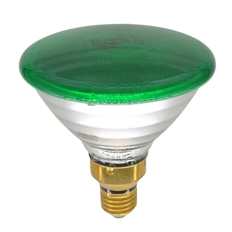 Green light bulb with a clear glass cover on a white background