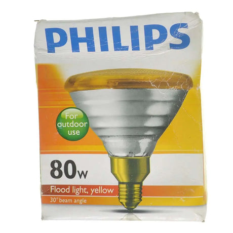 Philips flood light bulb packaging with yellow and orange design on a white background