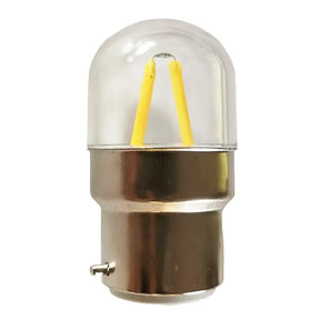 Clear 12V LED light bulb with yellow filaments on a white background