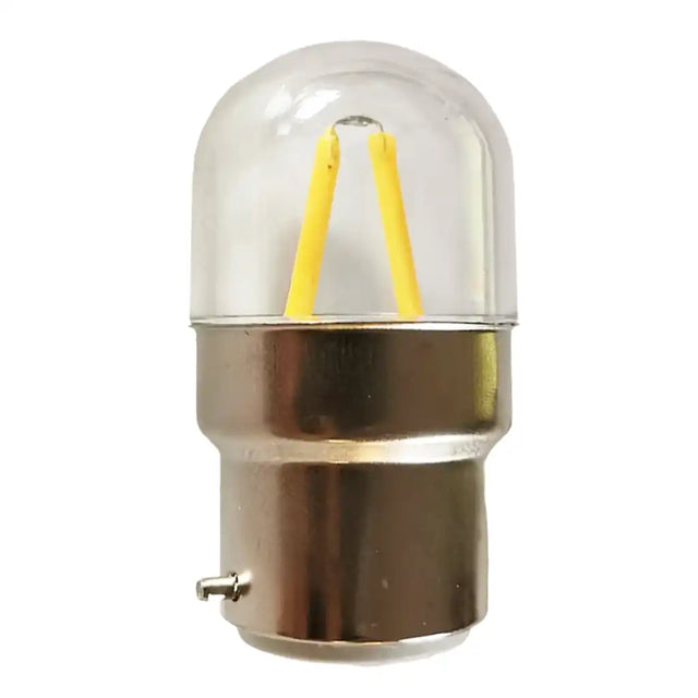 Clear 12V LED light bulb with yellow filaments on a white background