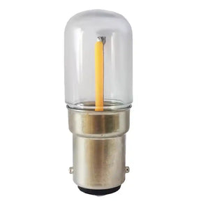Clear 12V  glass light bulb with metal base on a white background