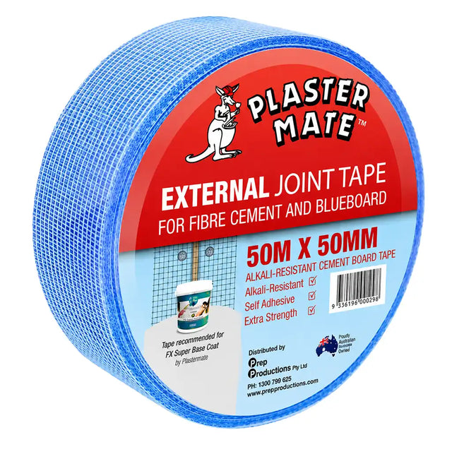 A spool of blue Plaster Mate External Joint Tape, 50m x 50mm, for fibre cement and blueboard walls. The product features a bright blue grid-patterned tape and a red and white paper label with product details and a kangaroo logo.