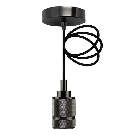 Black pendant light fixture on a white background