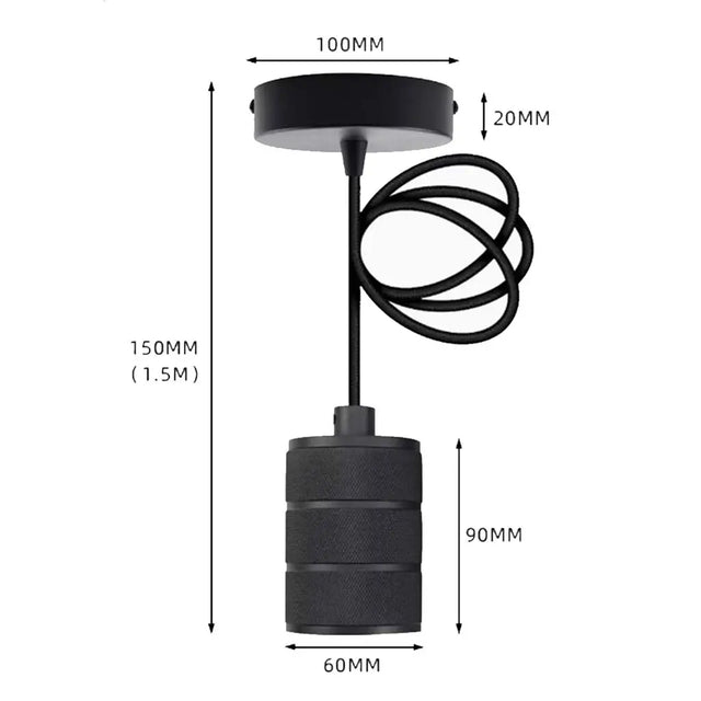 Black pendant light with measurements on a white background