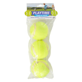 Pack of three yellow tennis balls in clear packaging with 'Playtime' branding on a white background.