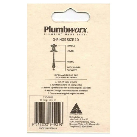 Plumbworx O-rings packaging with plumbing diagram and text.
