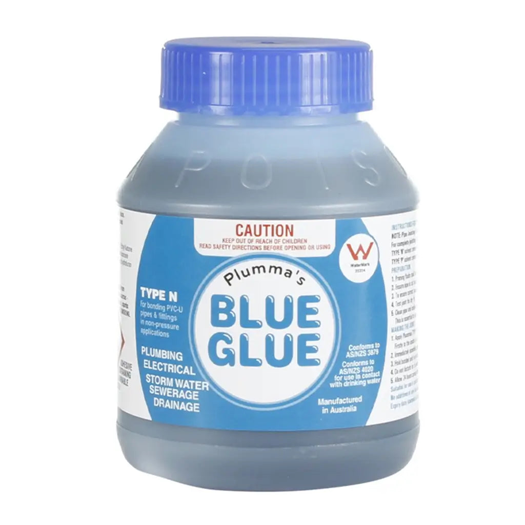 Jar of Plumma's Blue Glue with blue cap on a white background