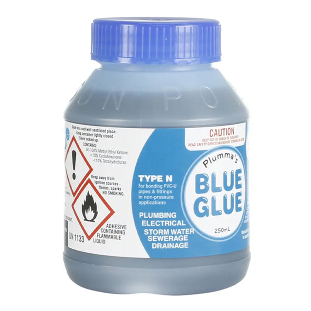 Bottle of Plumma's Blue Glue with blue cap on a white background