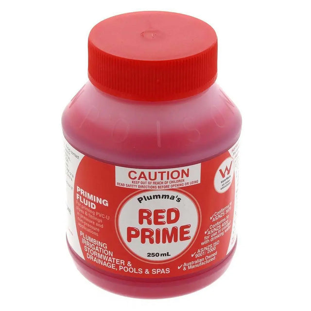 Red bottle of Plumma's Red Prime with a red cap on a white background