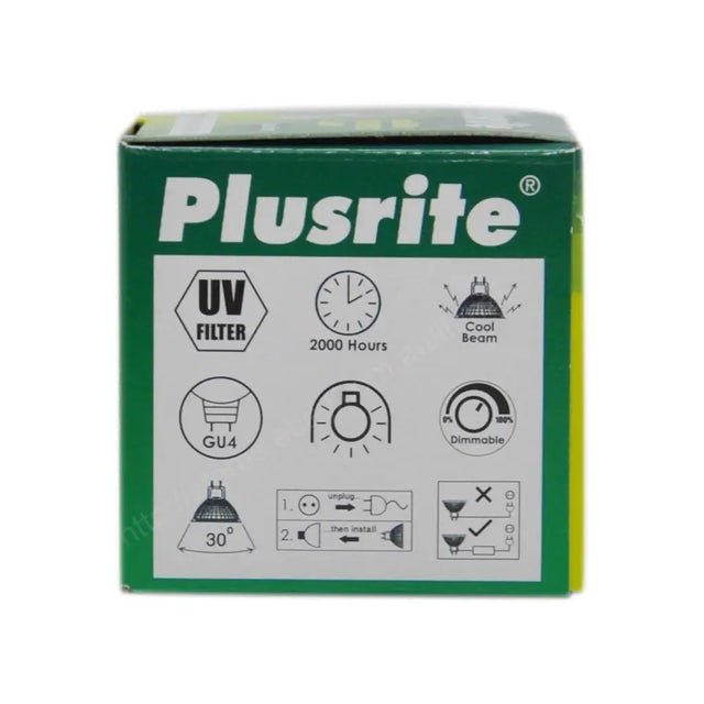 Plusrite light bulb packaging with specifications on a white background