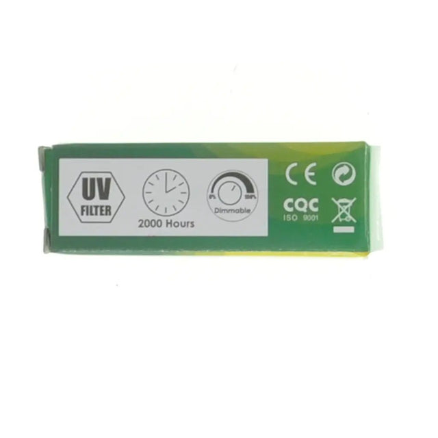 Light bulb packaging with UV filter and certification labels on a white background