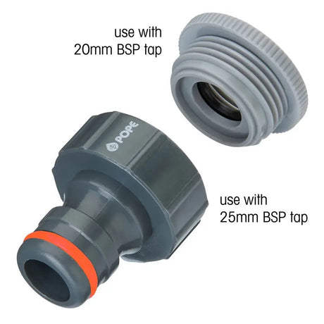 Two plumbing connectors with size labels on a white background