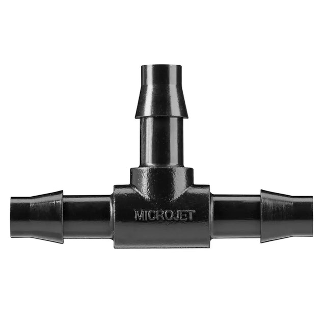 Black irrigation T-shaped fitting with 'Microjet' branding on a white background