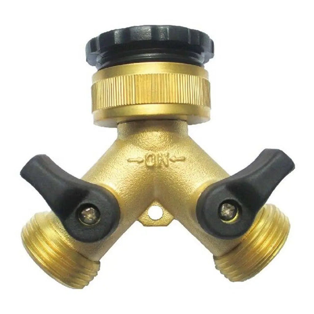Brass garden hose splitter with black handles on a white background