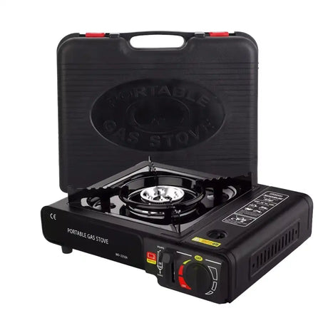 Black portable gas stove with a carrying case on a white background