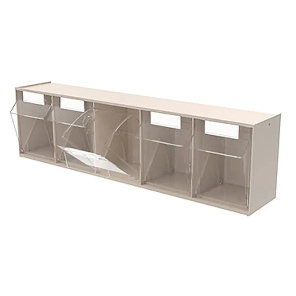 A long, low wall-mounted storage unit with five cubbies, featuring clear plastic divider panels and a light beige top and side frames, shown on a plain white background.