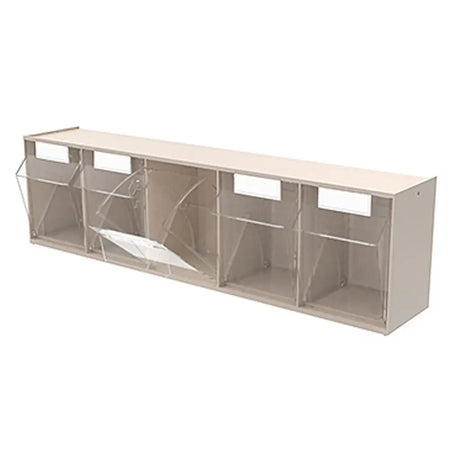 A long, low wall-mounted storage unit with five cubbies, featuring clear plastic divider panels and a light beige top and side frames, shown on a plain white background.