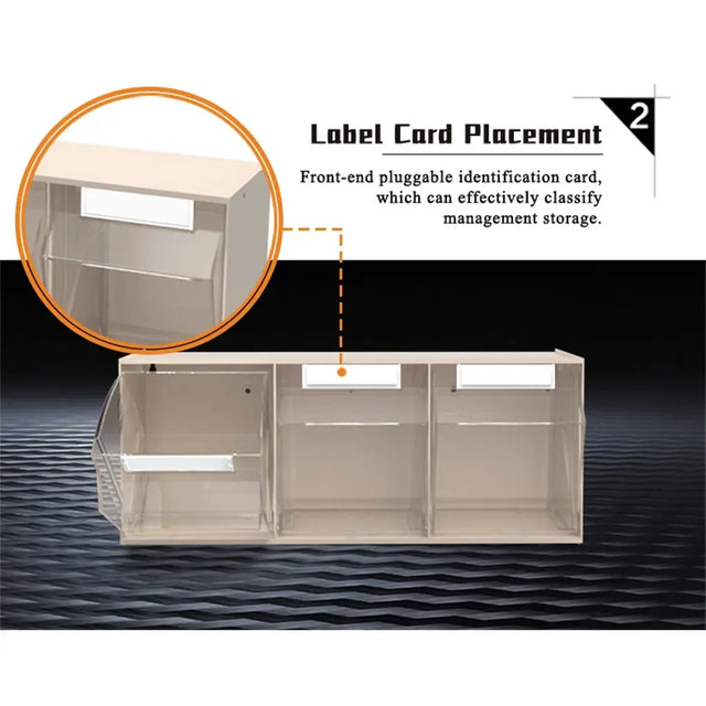 A beige acrylic three-compartment storage organizer with pluggable label card slots, shown on a dark wavy background with an inset circle highlighting the front label card placement.