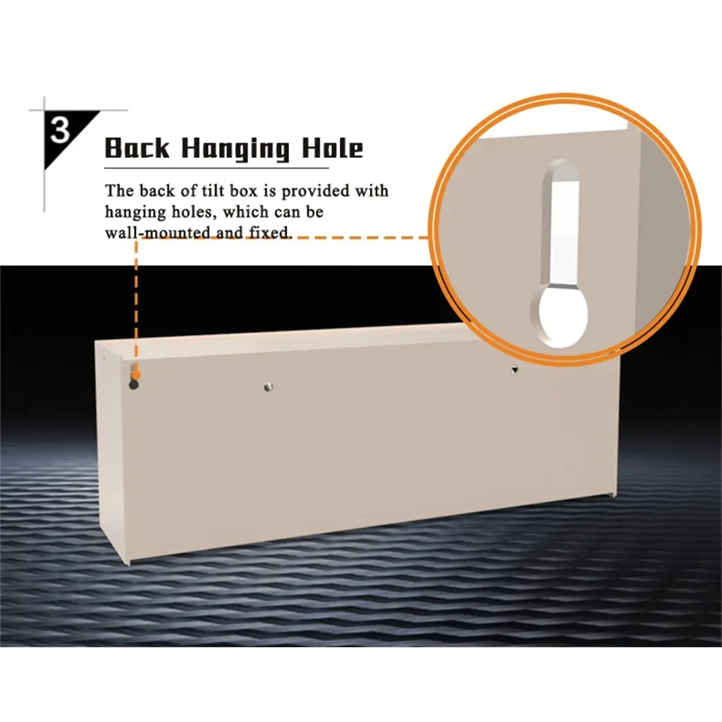 A beige rectangular utility box shown on a dark textured background with overlaid text reading '3 Back Hanging Hole' and a circular inset highlighting a hanging hole on the back of the box.