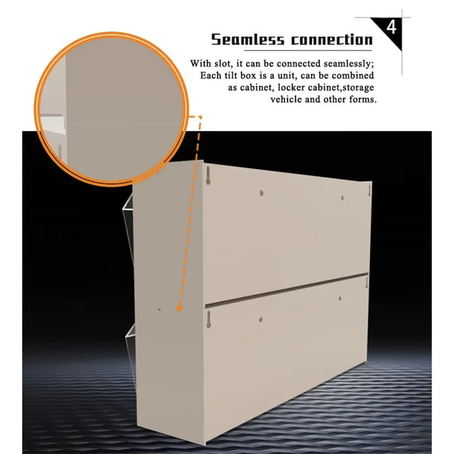 A beige tilt box storage unit shown on a dark studio background with explanatory text reading 'Seamless connection' and a circular inset highlighting a connection slot.