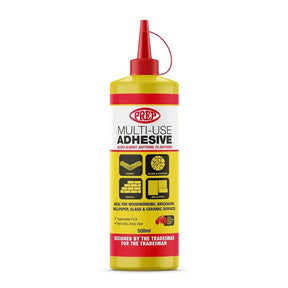 PREP multi-use adhesive bottle with yellow and red design on a white background