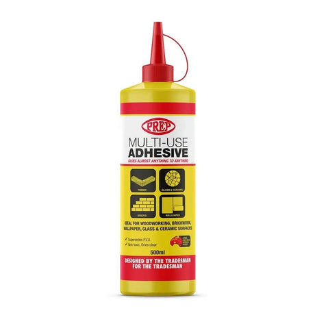 PREP multi-use adhesive bottle with yellow and red design on a white background