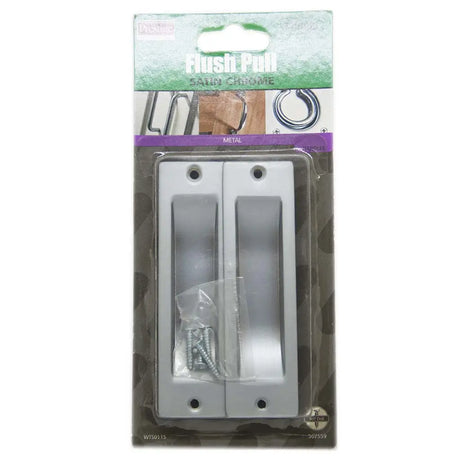 Packaged metal flush pull handles with a clear window on a white background