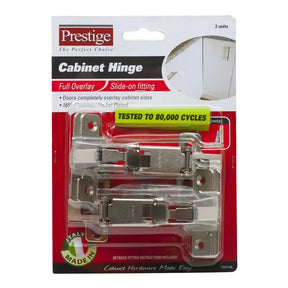 Packaged cabinet hinge with Prestige branding on a white background