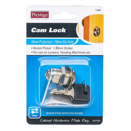 Prestige cam lock packaging with lock and keys on a white background