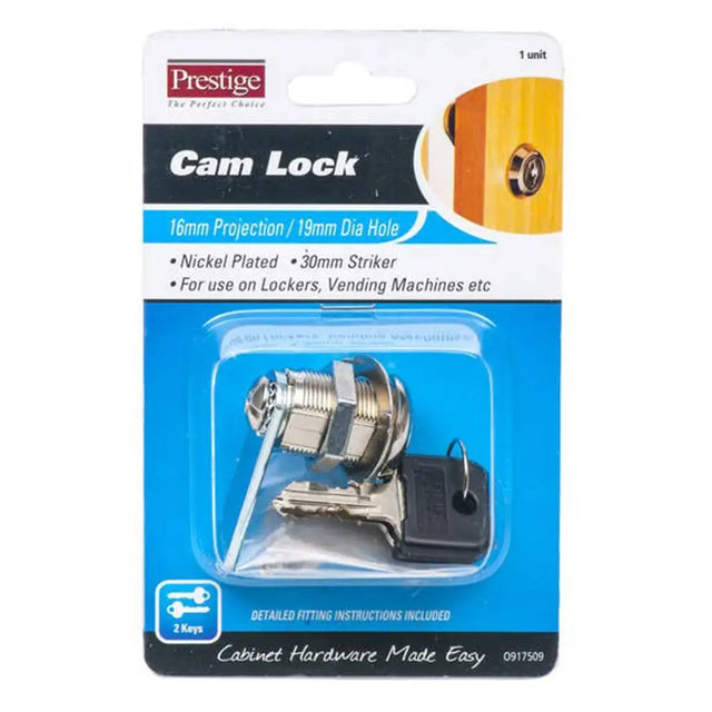 Prestige cam lock packaging with lock and keys on a white background