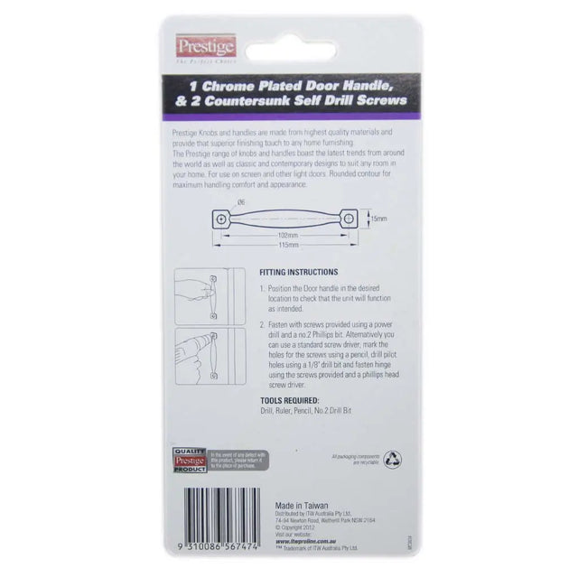 Prestige door handle packaging with text and diagrams on a white background