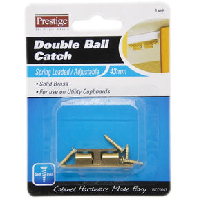 Prestige Double Ball Catch packaging with brass catch and screws on a white background