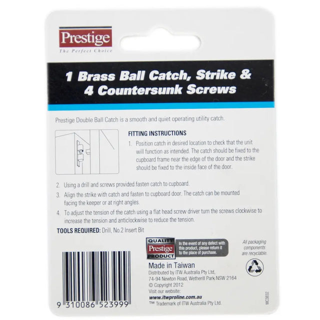 Prestige brass ball catch packaging with fitting instructions and product details.