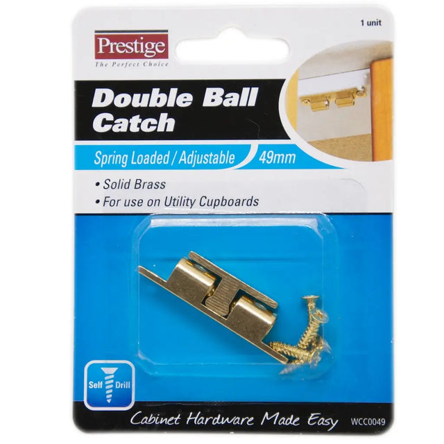 Prestige Double Ball Catch packaging with brass catch on a white background