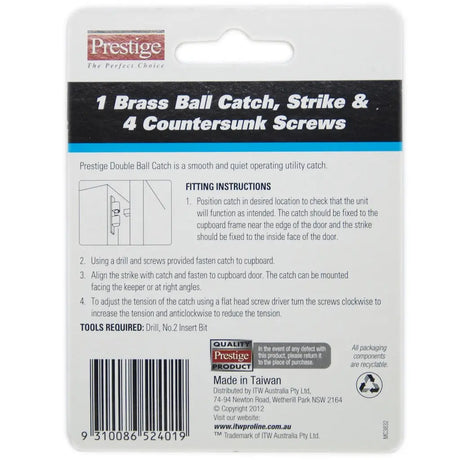 Prestige brass ball catch and strike packaging with fitting instructions and product details.