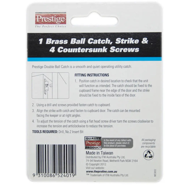 Prestige brass ball catch and strike packaging with fitting instructions and product details.