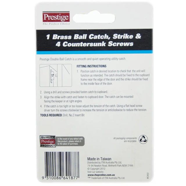 Packaging of Prestige brass ball catch and screws with fitting instructions.