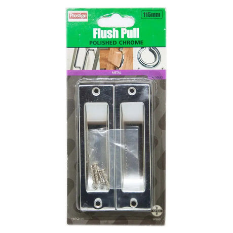 Packaged flush pull handles with screws on a white background