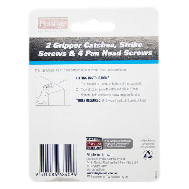 Prestige Gripper Catch kit packaging with screws and fitting instructions.