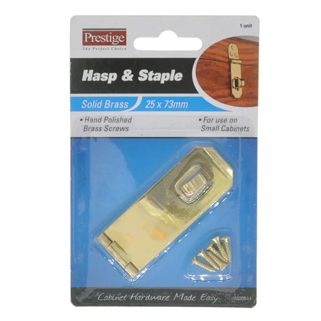 Brass hasp and staple set in packaging with Prestige branding.
