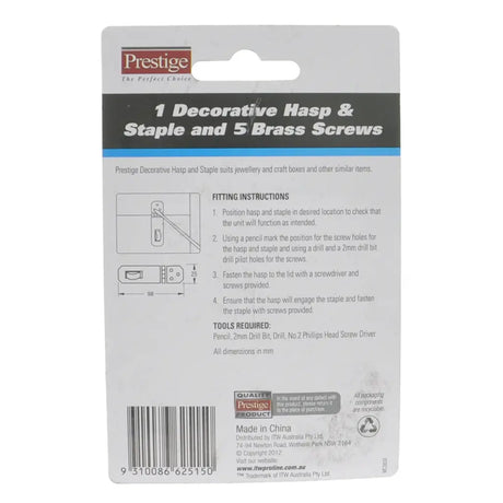 Prestige decorative hasp and staple packaging with fitting instructions on a white background