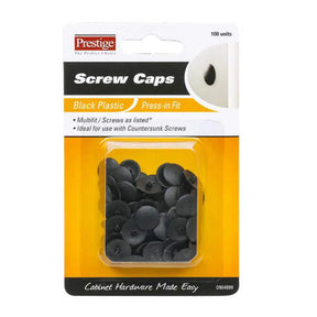 Packaging of Prestige black plastic screw caps with a clear window showing the product.