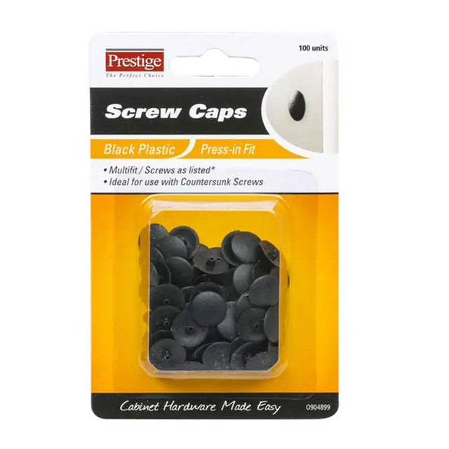 Packaging of Prestige black plastic screw caps with a clear window showing the product.