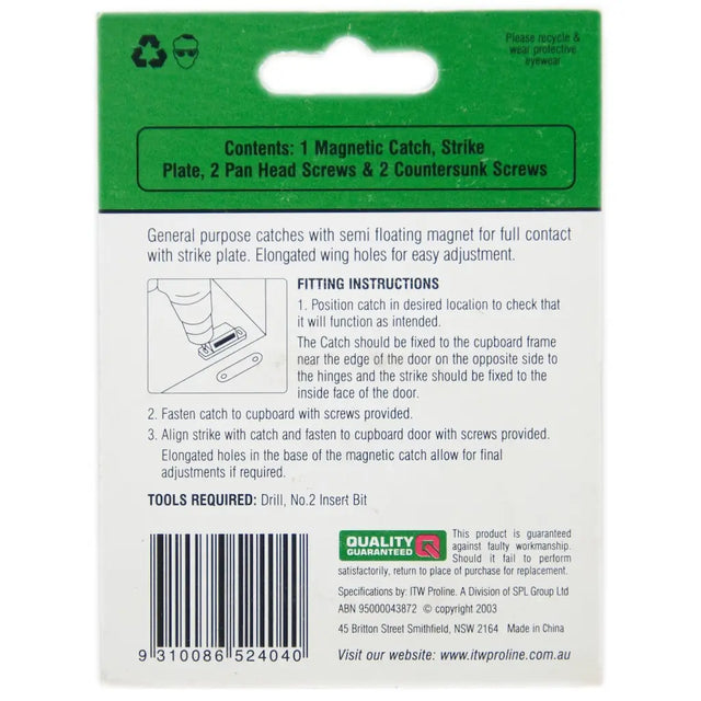 Back of a magnetic catch packaging with text and graphics on a white background